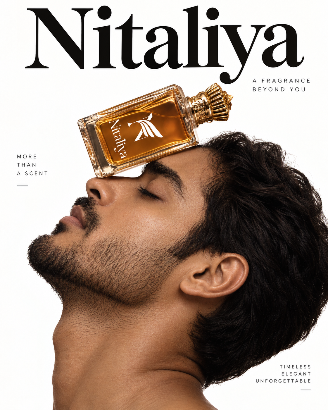 Nitaliya luxury perfume bottle on man's face with premium fragrance branding