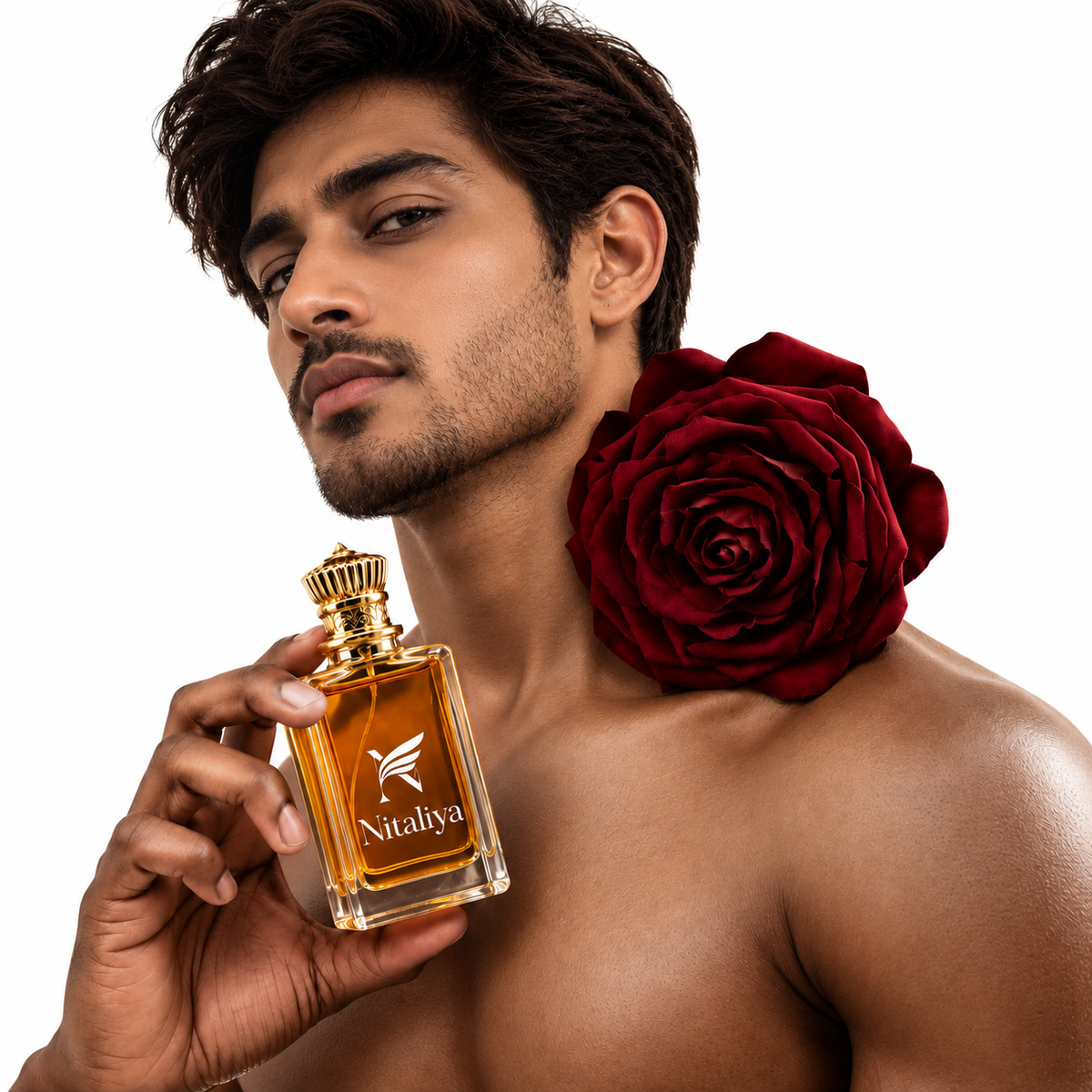 Nitaliya men's luxury perfume with red rose and elegant fragrance bottle