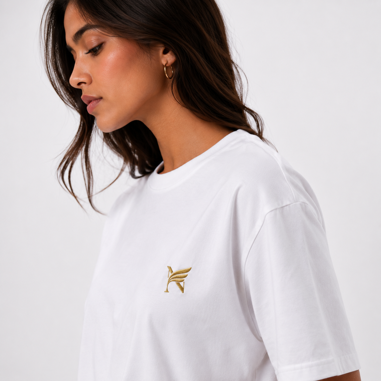 Premium Gold Embroidered Logo on White Cotton T-Shirt