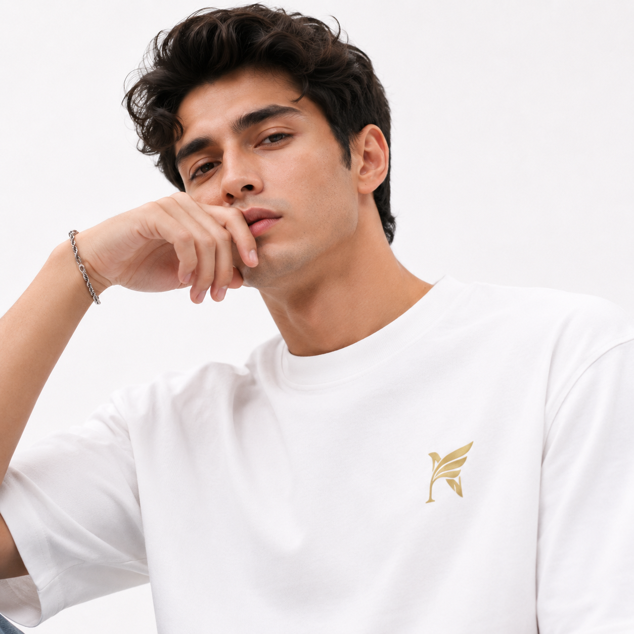 Premium gold logo on Nitaliya Luxe Signature Oversized White Skinner Cotton T-Shirt