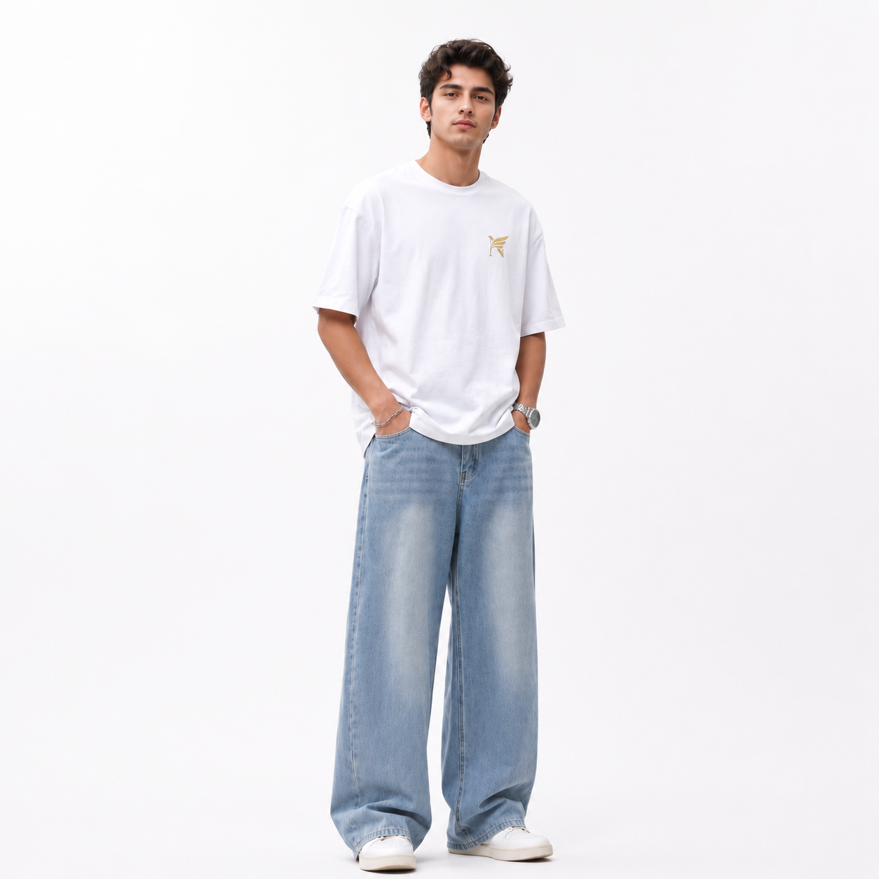 Front full body view of Nitaliya Luxe Signature Oversized White Skinner Cotton T-Shirt for Men