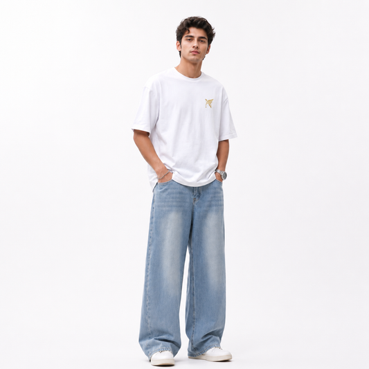 Front full body view of Nitaliya Luxe Signature Oversized White Skinner Cotton T-Shirt for Men