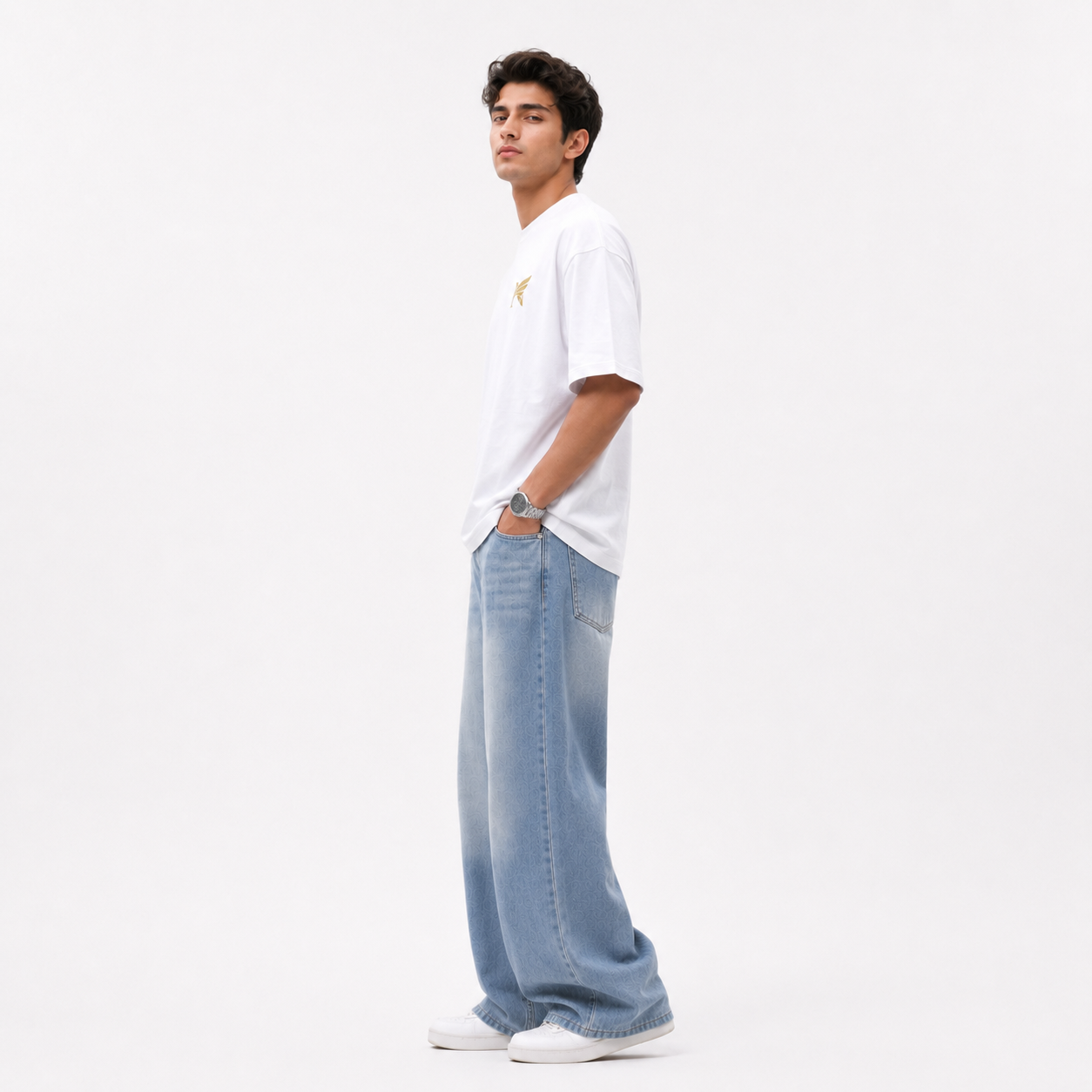 Full body side view of Nitaliya Luxe Signature Oversized White Cotton T-Shirt for Men