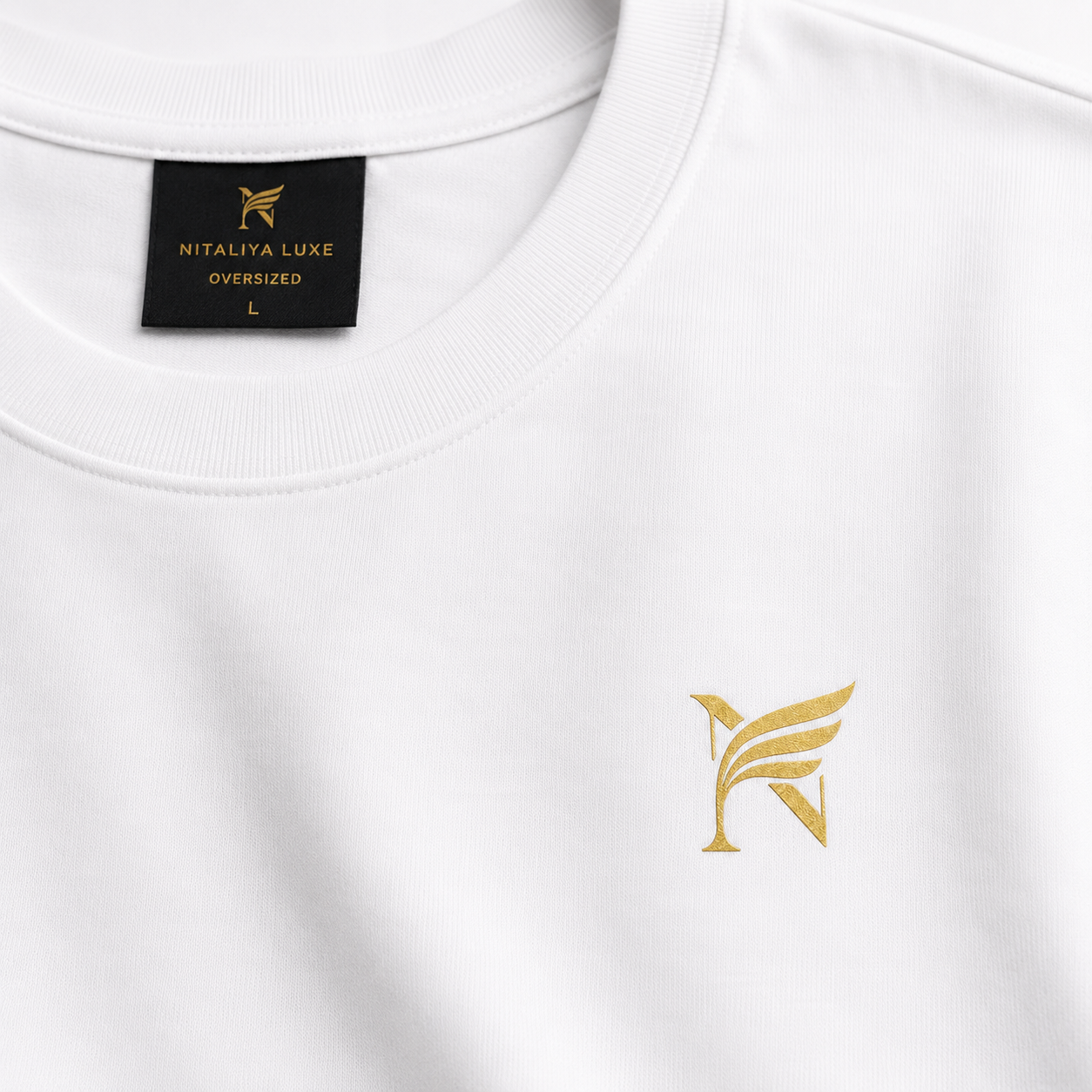 Nitaliya Luxe Signature Oversized White Skinner Cotton T-Shirt with Gold Logo for Men