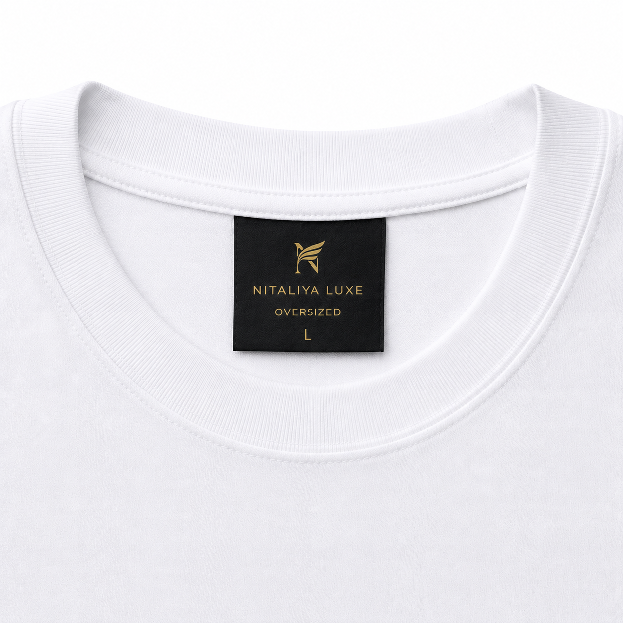 Nitaliya Luxe Signature Oversized White T-Shirt premium neck label and Skinner Cotton fabric close-up