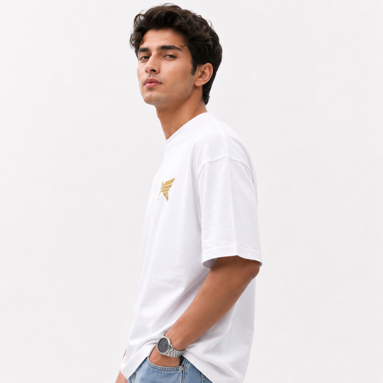 Men wearing Nitaliya Luxe Signature Oversized White Skinner Cotton T-Shirt side view